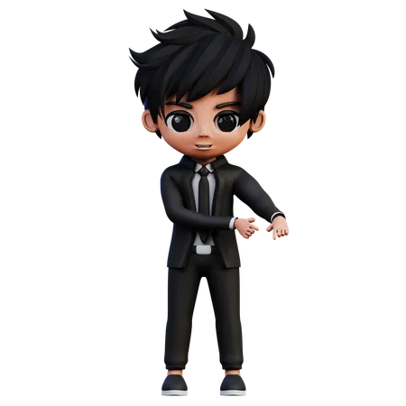 Businessman Character Pointing Down RIght Corner  3D Illustration