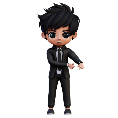 Businessman Character Pointing Down RIght Corner  3D Illustration