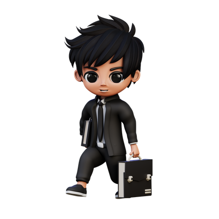 Businessman Character Running Holding Book & Briefcase  3D Illustration
