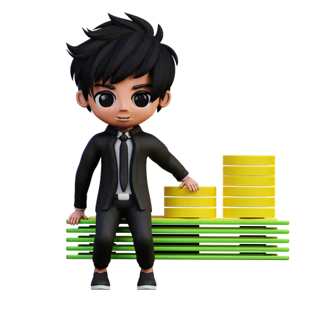Businessman Character Sitting On Money  3D Illustration