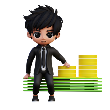 Businessman Character Sitting On Money  3D Illustration