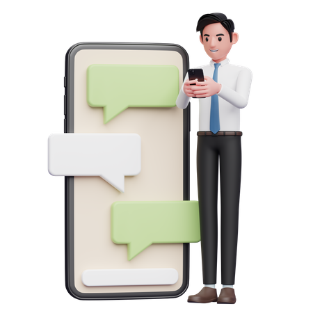 Businessman chatting with big phone and chat bubble ornament  3D Illustration