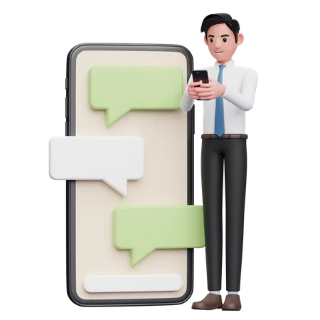 Businessman chatting with big phone and chat bubble ornament  3D Illustration