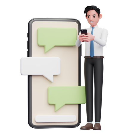 Businessman chatting with big phone and chat bubble ornament 3D Illustration