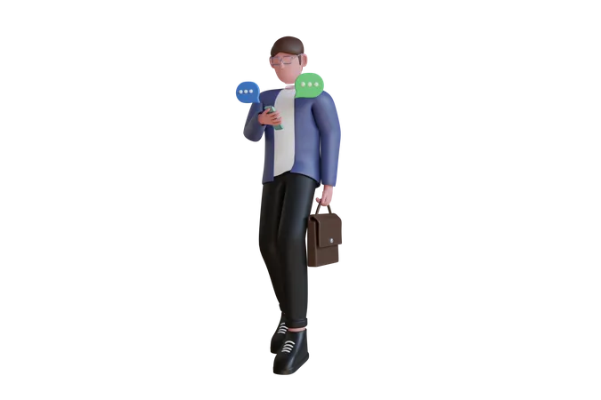 Businessman checking e-mail on mobile phone while walking  3D Illustration