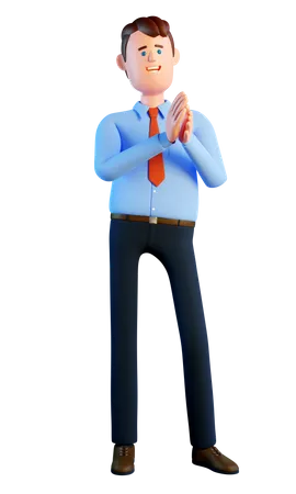 3 D Businessman Applauds While Standing Cartoon Man In Shirt And Tie Claps His Hands 3D Illustration