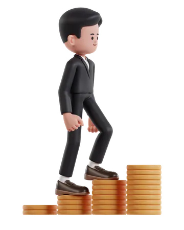 3 D Illustration Of Cartoon Businessman Climbing Up On Chart Of Dollar Coins 3D Illustration