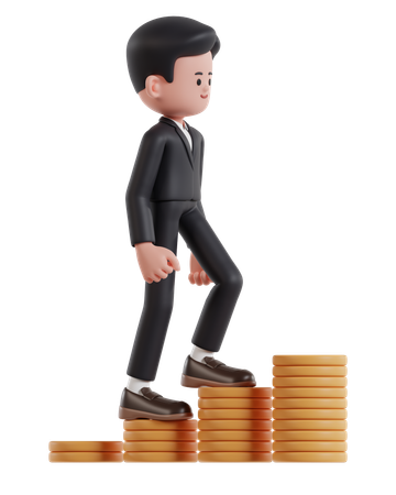 Businessman climbing up on chart of dollar coins  3D Icon