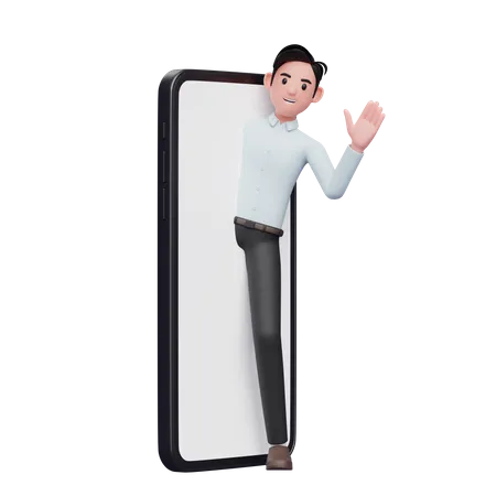 Businessman coming out of phone screen and waiving hand  3D Illustration