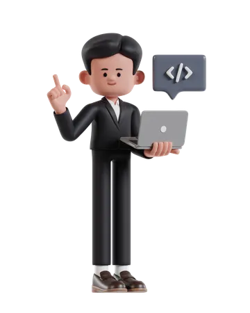 3 D Illustration Of Cartoon Businessman Developing Website On Laptop 3D Illustration