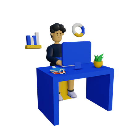 Businessman doing data analyzing in office 3D Illustration