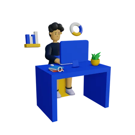 Businessman doing data analyzing in office 3D Illustration