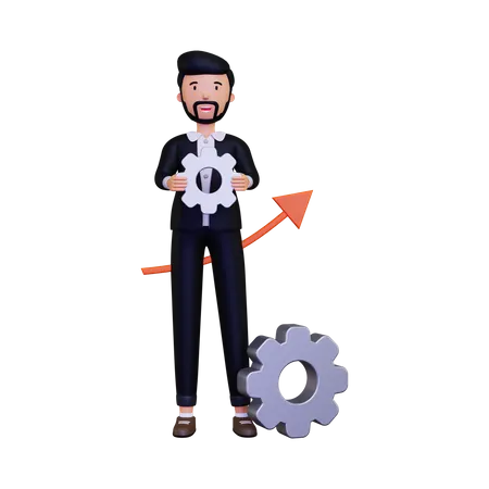 3 D Progress Illustration With A Male Businessman Character Holding Gear 3D Illustration