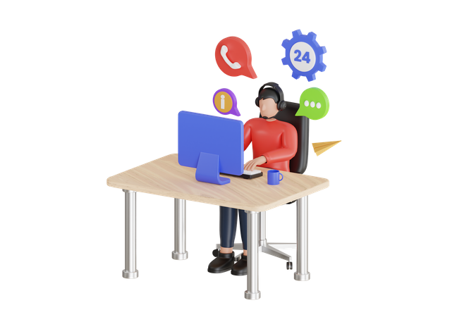 Businessman Doing Job At Call Center 24 Hours  3D Icon
