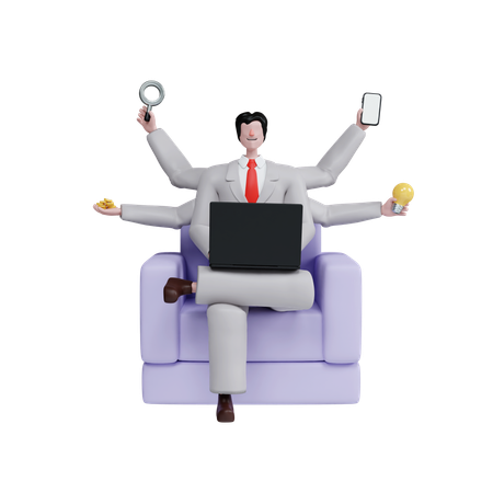 Businessman Doing Multitasking Juggling Responsibilities While Sitting  3D Illustration