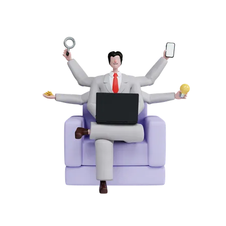 Businessman Doing Multitasking Juggling Responsibilities While Sitting  3D Illustration
