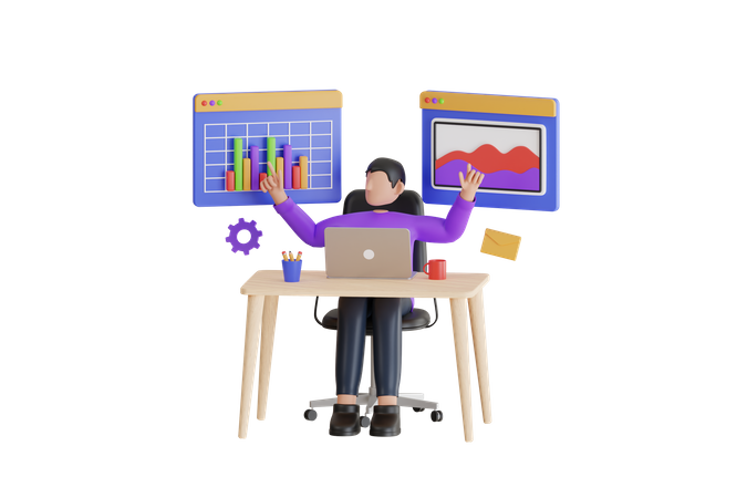 Businessman Doing Multitasking Work  3D Icon