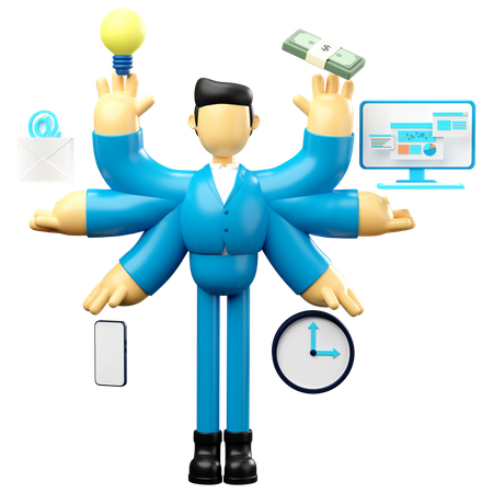 Businessman doing multitasking work and time management  3D Illustration