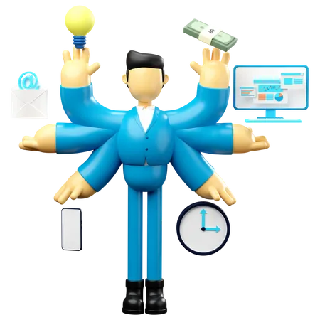 Businessman doing multitasking work and time management  3D Illustration