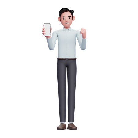 Businessman Doing Winning Gesture while showing phone screen  3D Illustration