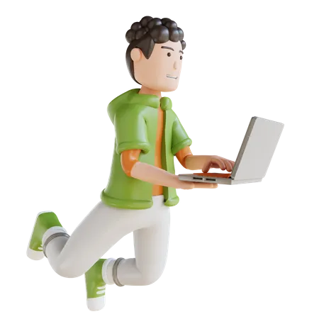 Business Man Flying Holding Laptop  3D Illustration