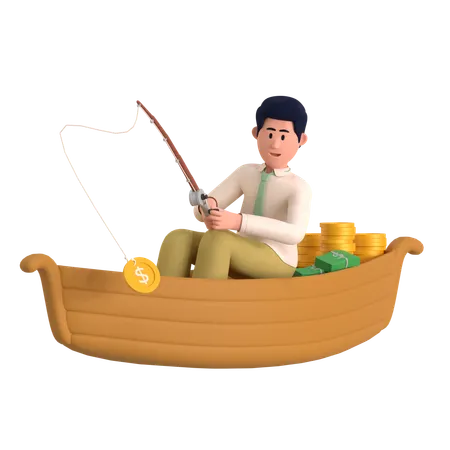 Businessman Fishing Coin  3D Illustration