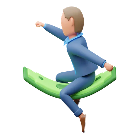 Businessman Flies On Money  3D Illustration