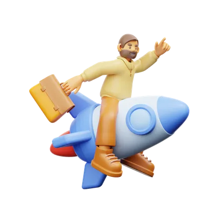 Businessman flying on rocket  3D Illustration