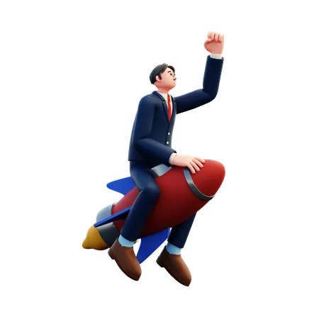 Businessman Flying On Rocket  3D Illustration