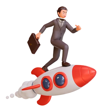 Businessman flying on rocket 3D Illustration