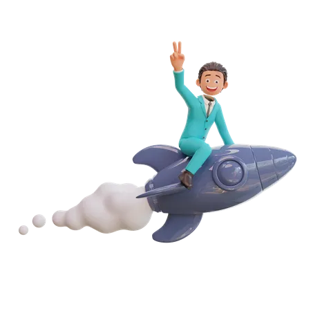Businessman Character Is Flying On A Rocket 3D Illustration