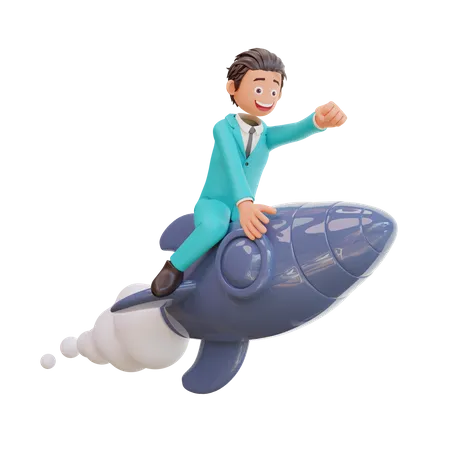 Businessman Character Is Flying On A Rocket 3D Illustration