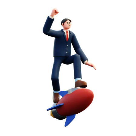 Businessman Flying On Rocket  3D Illustration