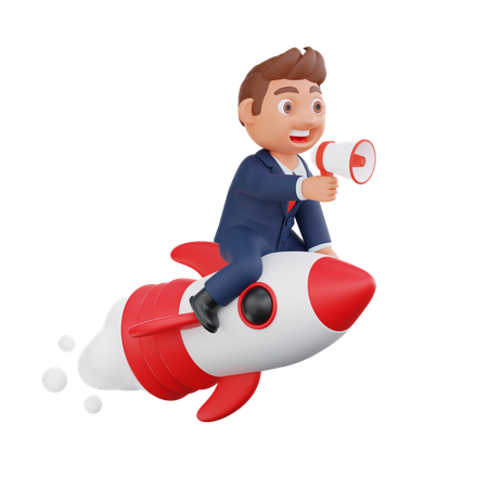 Businessman flying on rocket and doing business marketing  3D Illustration