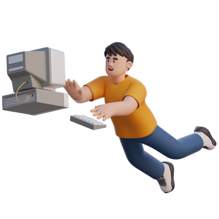 Businessman Flying With Computer  3D Illustration
