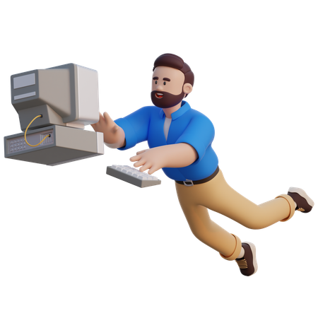 Businessman Flying With Computer  3D Illustration