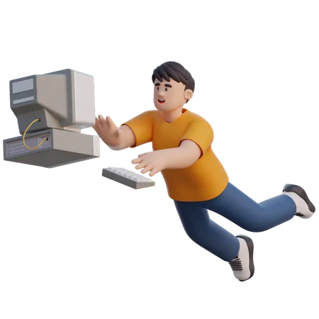 Businessman Flying With Computer  3D Illustration