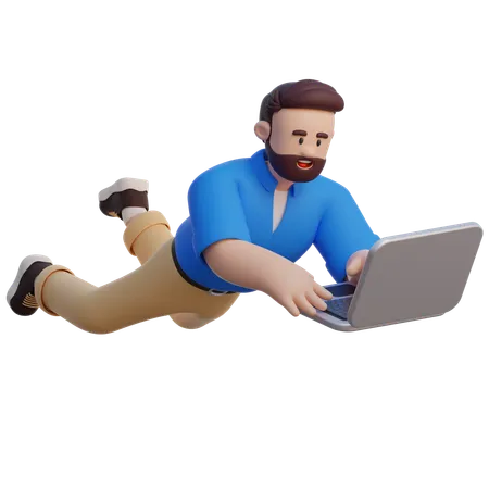 Businessman Flying With Laptop  3D Illustration