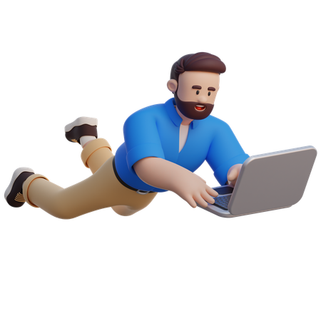 Businessman Flying With Laptop  3D Illustration