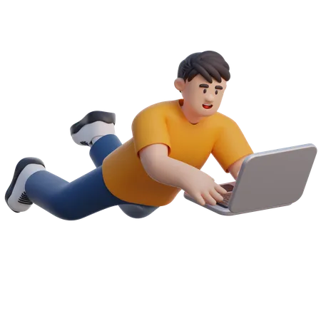 Businessman Flying With Laptop  3D Illustration