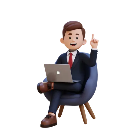3 D Businessman Character Get An Idea While Sitting On A Sofa And Working On A Laptop 3D Illustration