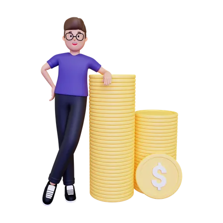 3 D Man Leaning On A Pile Of Coins 3D Illustration
