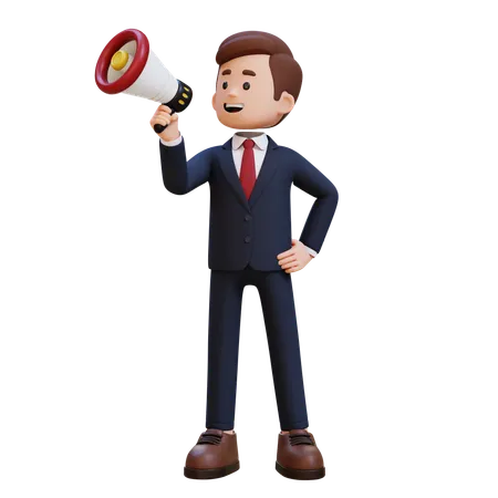 3 D Businessman Character Give Announcement Use Megaphone 3D Illustration