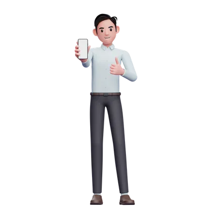Businessman give thumbs up and showing smartphone screen  3D Illustration
