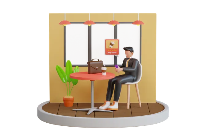 Businessman Giving Feedback For The Coffee Shop Service Man Pressing Five Star On Smartphone To Giving Feedback At The Coffee Shop Customer Experiences Concept Positive Review 3 D Illustration 3D Illustration