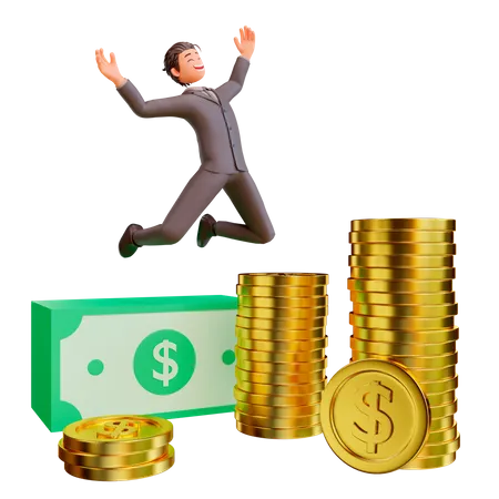 Businessman happy rich celebrating income growth  3D Illustration