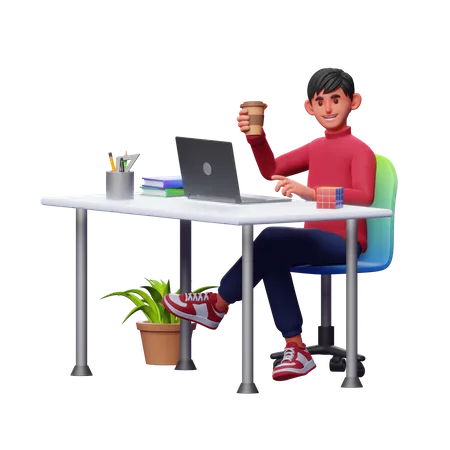 Businessman Having Coffee on Workspace  3D Illustration
