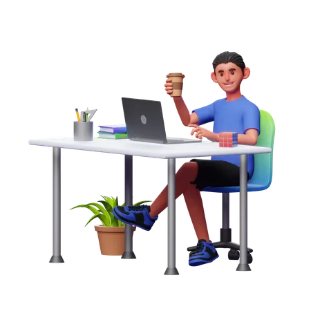 Businessman Having Coffee On Workspace  3D Illustration