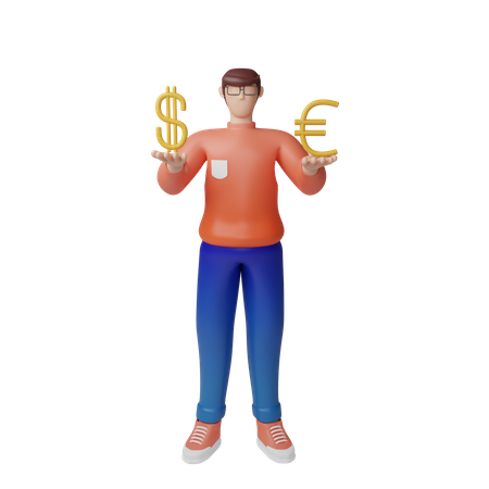 Businessman having dollar and pound investments  3D Icon