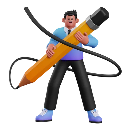 Businessman Hold Big Pencil  3D Illustration